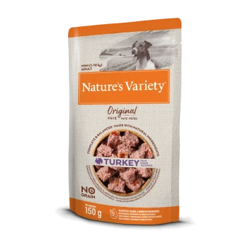 Nourriture pour chien Nature's Variety Original, saveur dinde, 150g, sans céréales, complète et équilibrée, avec une image de chien et des affirmations nutritionnelles.