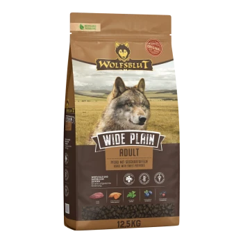 Wolfsblut Wide Plain Hundefutterbeutel für Erwachsene mit Wolfsbild, Pferd mit Süßkartoffelgeschmack, 12,5 kg, recycelbare Verpackung.