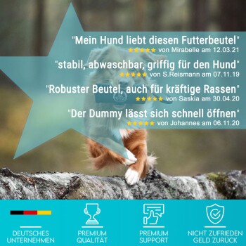 Das Bild zeigt einen Hund mit einem Sternenüberlagerung, die Kundenbewertungen auf Deutsch über ein Haustierprodukt anzeigt, und hebt Qualität und Zufriedenheit hervor.