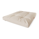 Ein plüschiges, quadratisches Haustierbett in einem hellbeigen Farbton mit gepolstertem Design und einem kleinen Logoetikett an der Seite.