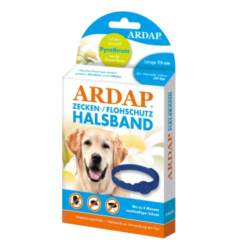 Verpackung für den ARDAP Floh- und Zeckenhalsband, mit einem blauen Halsband, einem Hundebild und Text, der Schutz für Hunde über 25 kg für bis zu 4 Monate anzeigt.