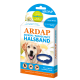 Verpackung für den ARDAP Floh- und Zeckenhalsband, mit einem blauen Halsband, einem Hundebild und Text, der Schutz für Hunde über 25 kg für bis zu 4 Monate anzeigt.