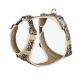 Beiges, mit Mesh gepolstertes Hundegeschirr mit braunen Riemen im Leopardenmuster, Metallschnalle und D‑Ring.