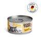 Eine Dose Katzenfutter von DOG's n TIGER mit der Aufschrift "Genuss Hühchenfilet," mit einer verspielten Katzen-Grafik und einem "Made in Germany"-Abzeichen.