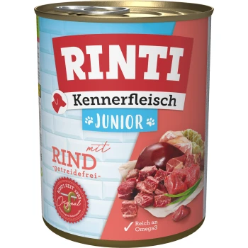 Dosen-Hundefutter mit der Aufschrift "RINTI Kennerfleisch Junior" mit Rindfleisch, getreidefrei, mit Fleischstücken und einem Hinweis "Reich an Omega 3."
