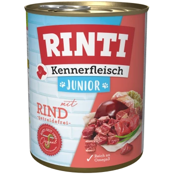 Dosen-Hundefutter mit der Aufschrift "RINTI Kennerfleisch Junior" mit Rindfleisch, getreidefrei, mit Fleischstücken und einem Hinweis "Reich an Omega 3."