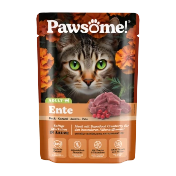 Katzenfutterbeutel mit einer Nahaufnahme des Gesichts einer grünäugigen Katze und orangefarbenen Blumen; das Etikett lautet "Adult Ente", getreidefrei, ohne Zuckerzusatz.