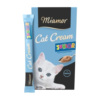 Opakowanie Miamor Cat Cream Junior z uroczym białym kociakiem o niebieskich oczach, łyżką śmietany i napisem '+ Taurin'.