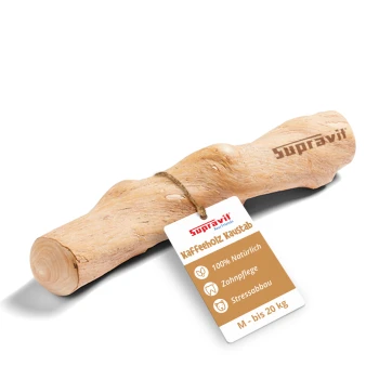 Natürlicher Holz-Haustierkauspielzeug, mit einem glatten, geschwungenen Design in heller Holzfarbe und strukturierter Oberfläche.