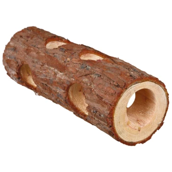 Natural Living Tube Tunnel Natural wooden chew toy for small pets, featuring multiple holes and a textured bark surface.