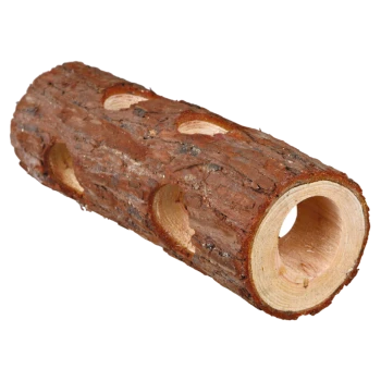Natural wooden chew toy for small pets, featuring multiple holes and a textured bark surface.