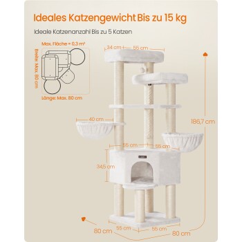 Beiger mehrstufiger Kratzbaum mit Höhle, Liegeflächen und Hängematten; Text: "Ideales Katzenggewicht Bis zu 15 kg" und "Bis zu 5 Katzen"