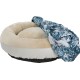 Lit rond confortable pour animaux en beige avec un centre en peluche douce, partiellement couvert par une couverture à motif tropical.