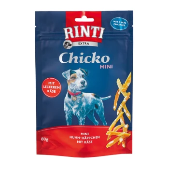 Verpackung von Rinti Chicko Mini Hundeleckerlis mit blauem Hintergrund, Hundillustration und dem Text "Mini Huhn-Häppchen mit Käse."