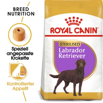 Labrador Adult Sterilisiert 12 kg Royal Canin Sterilised Labrador Retriever Hundefuttertüte mit einer braunen Labrador-Illustration und Text über Rassenernährung und Appetitkontrolle.