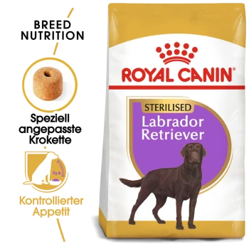 Royal Canin Sterilised Labrador Retriever Hundefuttertüte mit einer braunen Labrador-Illustration und Text über Rassenernährung und Appetitkontrolle.