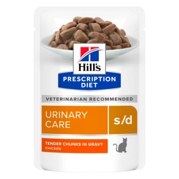 Hill's Prescription Diet Urinary Care s/d, zachte stukjes in jus, kippen smaak, door dierenarts aanbevolen, huisdiervoedingszak.