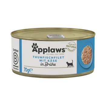 Nassfutter Katze Adult in Brühe Thunfisch und Käse 24x70 g Applaws natürliches Katzenfutter in der Dose, mit Thunfischfilet mit Käse in Brühe, 70g, mit einem blau-weißen Etikett und einer Katzensilhouette.