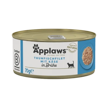 Applaws natürliches Katzenfutter in der Dose, mit Thunfischfilet mit Käse in Brühe, 70g, mit einem blau-weißen Etikett und einer Katzensilhouette.