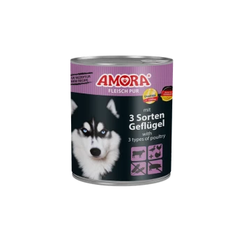 Dose AMORA Hundefutter (Fleisch Pur) mit Husky-Abbildung, beschriftet 'mit 3 Sorten Geflügel / with 3 types of poultry'.