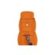 Eine orange Hundejacke mit einem Ruffwear-Logo und einem Metallclip zur Leinenbefestigung, entworfen für Outdoor-Aktivitäten mit Haustieren.