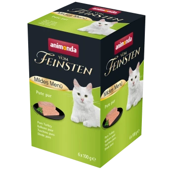 Eine Schachtel Animonda Vom Feinsten Katzenfutter mit einer weißen Katze auf der Vorderseite, beschriftet mit "Mildes Menü Pute pur" mit reinem Puteninhalt.