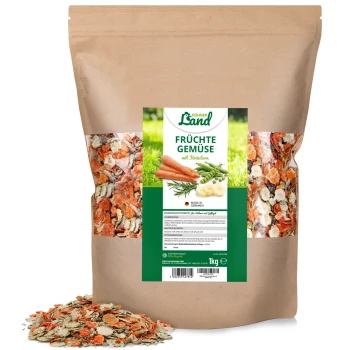 Getrocknete Obst- und Gemüsemischung für Haustiere in einer 1 kg schweren braunen Papiertüte, mit Karotten und Erbsen auf dem Etikett, hergestellt in Deutschland.