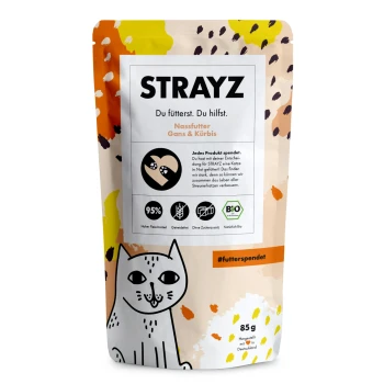 BIO 14x85g Gans und Kürbis Katzenfutterverpackung mit der Marke 'STRAYZ', mit einem bunten Design. Text hebt hervor: 'Nassfutter Gans & Kürbis', 95% Fleisch, biologisch, 85g.