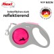 Eine graue und rosa flexi ausziehbare Hundeleine mit einem Wabenmuster, Katzensilhouette und dem Text "NEU NEON".