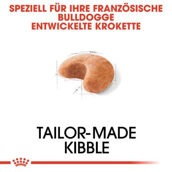 Futter für französische Bulldoggen, mit dem Text: "SPEZIELL FÜR IHRE FRANZÖSISCHE BULLDOGGE" und "MADE KIBBLE."