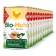 Dosen mit Bio-Hühner-Hundefutter, gekennzeichnet mit "Bio-Huhn" und Zutaten wie Hirse und Zucchini, als gluten- und laktosefrei gekennzeichnet.