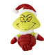 Plush Grinch dog toy wearing a red Santa hat and mittens, holding a red knotted rope ball.