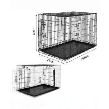 Schwarze Metall-Haustierbox mit einem sicheren Riegel, ausgestattet mit einer abnehmbaren Kunststoffschale und einem Gitterboden, aus mehreren Blickwinkeln gezeigt.