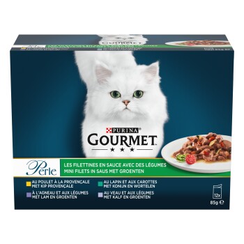 Boîte Purina GOURMET Perle pour chat avec chat blanc à poils longs, assiette de nourriture humide, texte « les filettines » 12 x 85 g