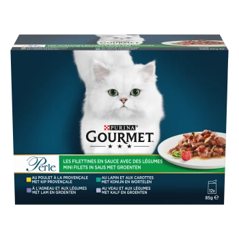 Boîte Purina GOURMET Perle pour chat avec chat blanc à poils longs, assiette de nourriture humide, texte « les filettines » 12 x 85 g