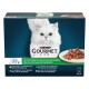 Boîte Purina GOURMET Perle pour chat avec chat blanc à poils longs, assiette de nourriture humide, texte « les filettines » 12 x 85 g