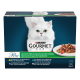 Boîte Purina GOURMET Perle pour chat avec chat blanc à poils longs, assiette de nourriture humide, texte « les filettines » 12 x 85 g