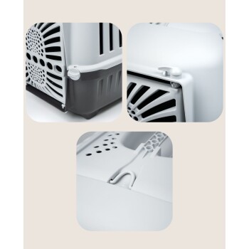 Nahaufnahme eines grauen und weißen Tiertransporters, der seine Belüftungsöffnungen, Verriegelungsmechanismen und robustes Design hervorhebt.