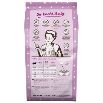Lila Tierfutterbeutel mit Aufdruck 'So kocht Betty', Herzmuster, Retro-Frau mit Kochlöffel, Symbole, Fütterungstabelle und Kontaktinformationen.