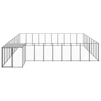 Großer schwarzer Metall-Haustierauslauf mit mehreren verbundenen Paneelen und einem überdachten Bereich an einem Ende.