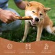 Ein Shiba Inu kaut auf einem Holzstock, der von einer Person in einer grasbewachsenen Umgebung gehalten wird. Der Text hebt Qualitäts- und Sicherheitsmerkmale hervor.