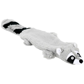 Plush raccoon dog toy with a soft gray body, black stripes, and white facial features, ideal for pet playtime.