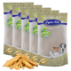 Fünf Beutel von Lyra Pet Nature Power Hundeleckerlis, mit einem Haufen Leckerlis davor, im grünen und goldenen Design.