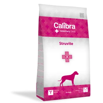 Calibra Veterinary Diets Struvit Hundefutterbeutel, mit einem pinken Design, das eine Hundesilhouette und ein medizinisches Kreuzsymbol zeigt.