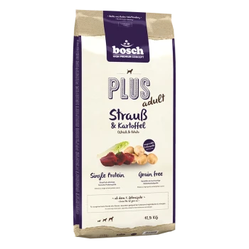 Bosch Plus Adult Hundefutterbeutel mit Strauß und Kartoffel, mit der Aufschrift "Single Protein" und "Getreidefrei", 12,5 kg.
