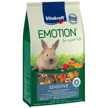 Vitakraft Emotion Sensitive Haustierfutter für Zwerghasen, mit einem niedlichen Hasen und Etiketten für "Kein Getreide" und "Kein Zuckerzusatz."