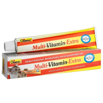 Multi-Vitamin-Extra tube and box for pets, promoting health and a beautiful coat, featuring text in German and Italian.