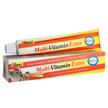 Multi-Vitamin-Extra tube and box for pets, promoting health and a beautiful coat, featuring text in German and Italian.