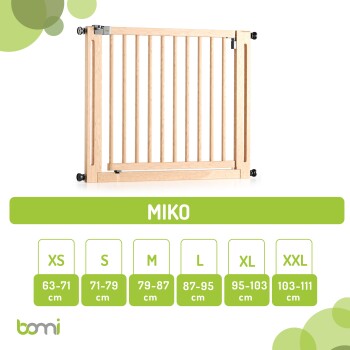 Holztiergitter namens "Miko", das mit Größenoptionen von XS bis XXL, die von 63-111 cm messen, auf einem weißen Hintergrund angezeigt wird.