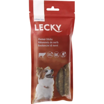 Rote Verpackung für Lecky Ziemer-Sticks Hundeleckerlis, die einen glücklichen Hund zeigt, mit Symbolen für 100% natürlich und fettarm.